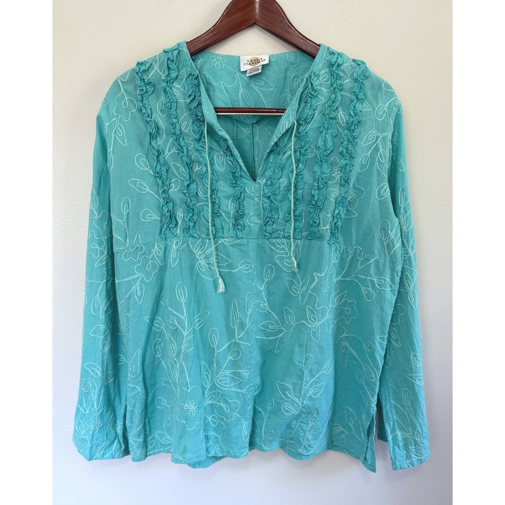 Sandy Starkman VTG Blue 100% Cotton Embroidered Peasant Tunic Blouse Sz L